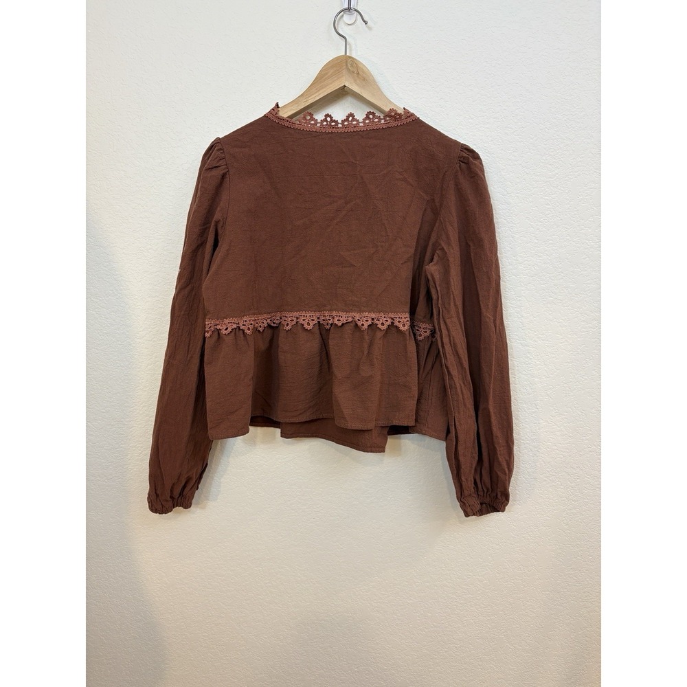 Boho Peasent Crop Top Blouse Sz Xs Brown Lace Empire Cottagecore Forest Fairy - Picture 3 of 4
